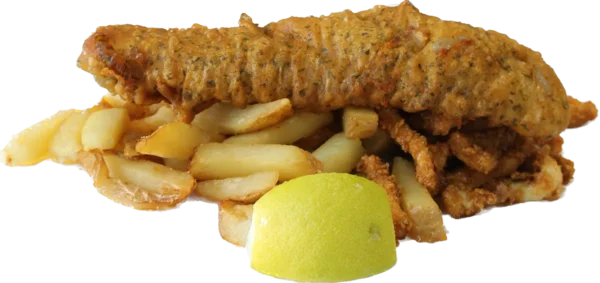 fish and chips with a lemon wedge 